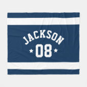 パーソナライズされたアスリート名と番号ネイビーブルー フリースブランケット (正面(横))
