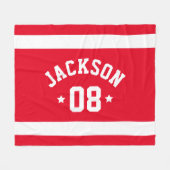 パーソナライズされたアスリート名と赤い数字 フリースブランケット (正面(横))