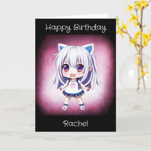 パーソナライズされたアニメの女の子 | ぬりえページ付き カード (黄色い花)