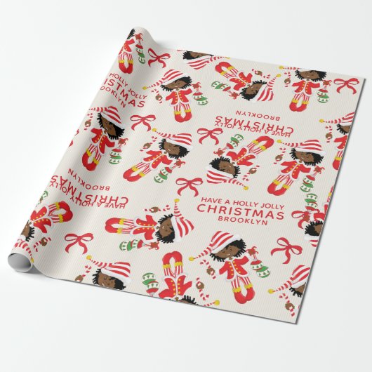 パーソナライズされたアフリカ系アメリカ人クリスマスガール小妖精や小人 ラッピングペーパー (アンロールド)
