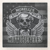 パーソナライズされたアメリカバイクもしくは自転車に乗る人スカルオートバイ ガラスコースター (正面)