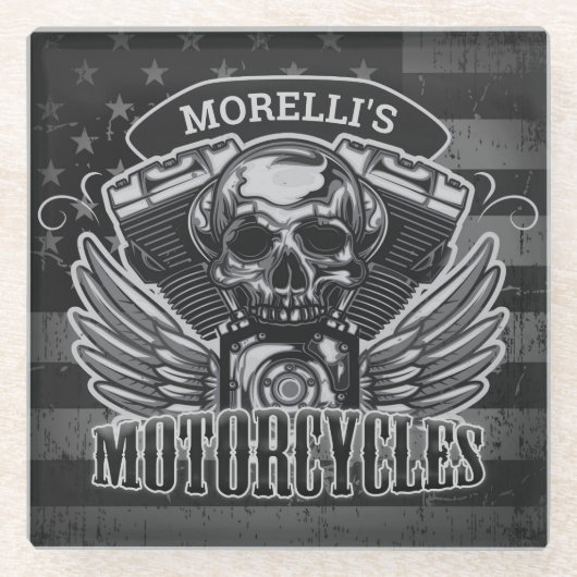 パーソナライズされたアメリカバイクもしくは自転車に乗る人スカルオートバイ ガラスコースター (正面)