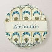 パーソナライズされたアールデコ ターコイズ&ゴールド ジオメトリック ラウンドクッション (裏面)