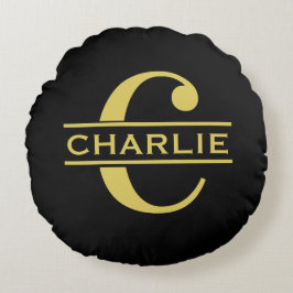 パーソナライズされたイニシャルと名前のブラック＆ゴールド ラウンドクッション