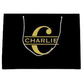 パーソナライズされたイニシャルと名前のブラック＆ゴールド ラージペーパーバッグ