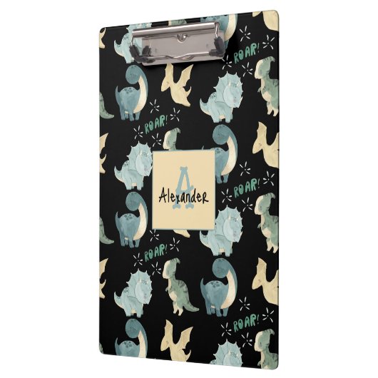 パーソナライズされたイニシャルと名前の恐竜のパターン クリップボード (左)