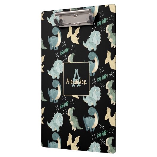 パーソナライズされたイニシャルと名前の恐竜のパターン クリップボード (左)