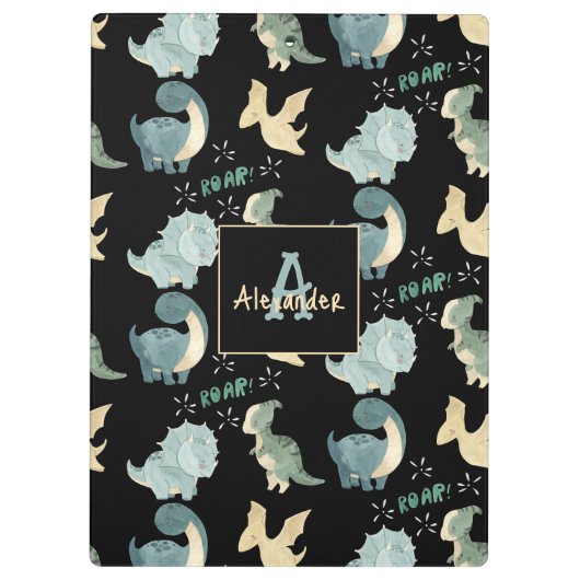 パーソナライズされたイニシャルと名前の恐竜のパターン クリップボード (裏面)