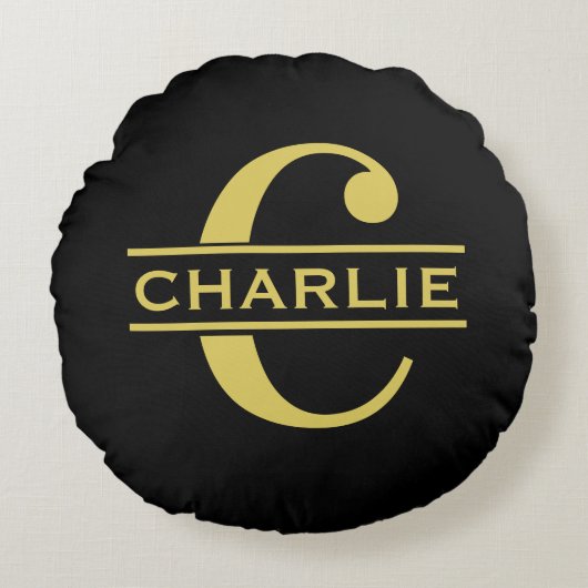 パーソナライズされたイニシャルと名前　ブラック　ゴールド ラウンドクッション (正面)