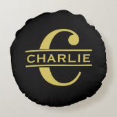 パーソナライズされたイニシャルと名前　ブラック　ゴールド ラウンドクッション (裏面)