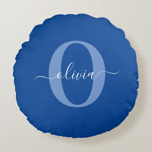 パーソナライズされたイニシャルスクリプト名 青と白 ラウンドクッション (正面)
