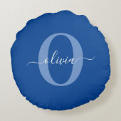 パーソナライズされたイニシャルスクリプト名 青と白 ラウンドクッション (裏面)
