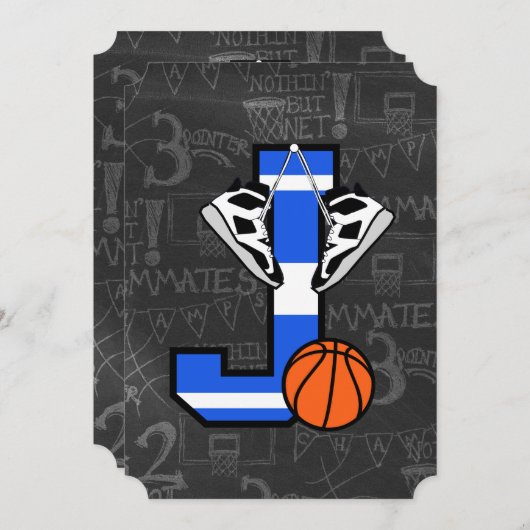 パーソナライズされたイニシャルバスケットボールレターJ 招待状 (正面/裏面)