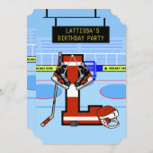 パーソナライズされたイニシャルレターLアイスホッケー 招待状 (正面/裏面)