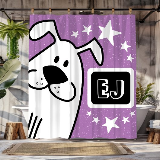 パーソナライズされたイニシャル白黒の犬 シャワーカーテン