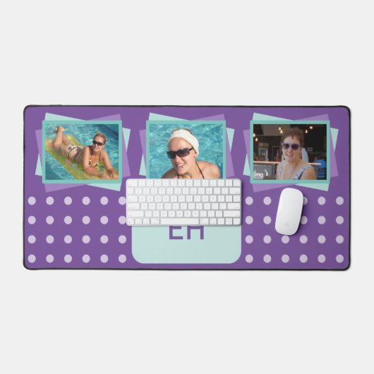 パーソナライズされたイニシャル3枚フォト水玉模様紫 デスクマット (キーボード&マウス)