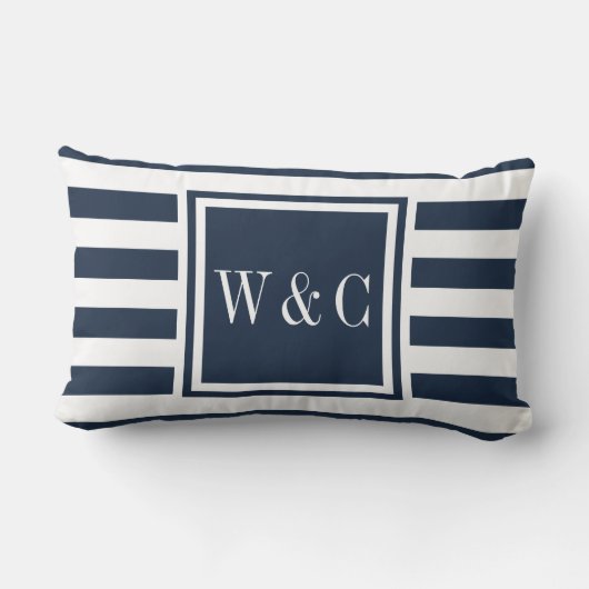パーソナライズされたイニシャル ネイビーブルーストライプ ランバークッション (裏面)