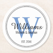 パーソナライズされたイニシャル 新婚ブルー ラウンドペーパーコースター (正面)