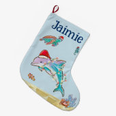 パーソナライズされたイルカ海水彩 ラージクリスマスストッキング (正面 (吊り時))