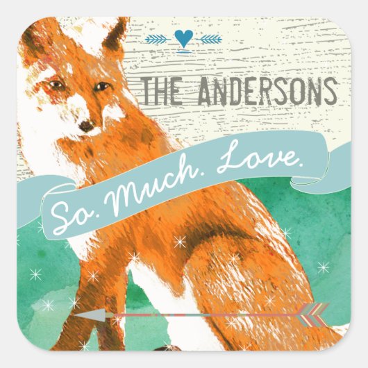 パーソナライズされたウォーターカラーオレンジキツネバーンウッド スクエアシール (正面)