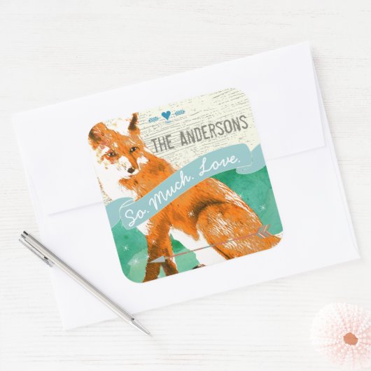 パーソナライズされたウォーターカラーオレンジキツネバーンウッド スクエアシール (封筒)
