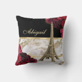 パーソナライズされたエッフェルタワー金ゴールドブラック大理石バラ クッション (裏面)