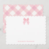 パーソナライズされたエレガントなピンクのギンガム水彩リボン ノートカード (正面/裏面)