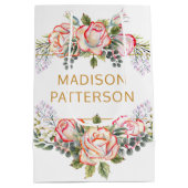 パーソナライズされたエレガントな水彩花柄の女の子らしいおしゃれなギフトバッグ ミディアムペーパーバッグ (裏面)