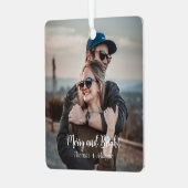パーソナライズされたエレガントスタイリッシュ夫婦の写真スクリプト メタルオーナメント (正面左)