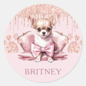 パーソナライズされたエレガントチワワ犬とグリッター ラウンドシール (正面)