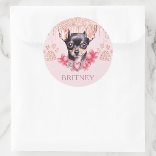 パーソナライズされたエレガントチワワ犬とグリッター ラウンドシール (バッグ)