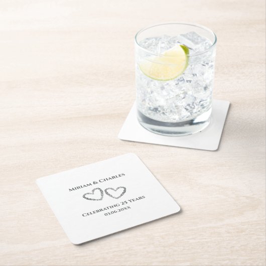 パーソナライズされたエレガントハートシルバー25周年記念 スクエアペーパーコースター (インサイチュ)