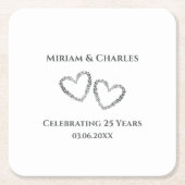 パーソナライズされたエレガントハートシルバー25周年記念 スクエアペーパーコースター (正面)