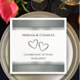 パーソナライズされたエレガントハートシルバー25周年記念 スタンダードカクテルナプキン