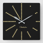 パーソナライズされたエレガントモダン黒フェイク金ゴールド スクエア壁時計 (正面)