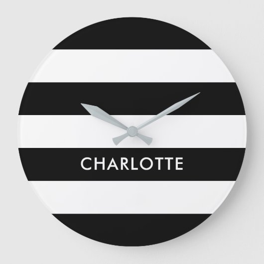 パーソナライズされたエレガントラグジュアリーブラック&ホワイトストライプ ラージ壁時計 (正面)