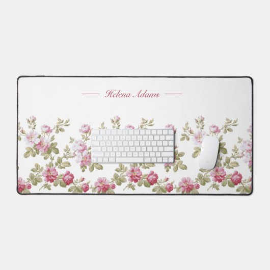 パーソナライズされたエレガントヴィンテージピンクローズ縁ど デスクマット (キーボード&マウス)