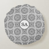 パーソナライズされたエレガントヴィンテージ白黒パターン ラウンドクッション (裏面)