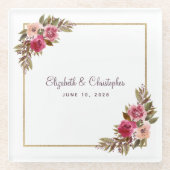 パーソナライズされたエレガント水の色フローラ結婚 ガラスコースター (正面)