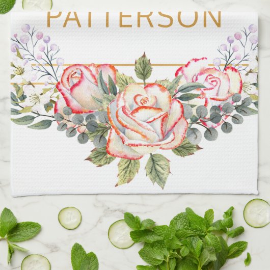 パーソナライズされたエレガント水カラーフローラガーリーシック キッチンタオル (折り畳み)