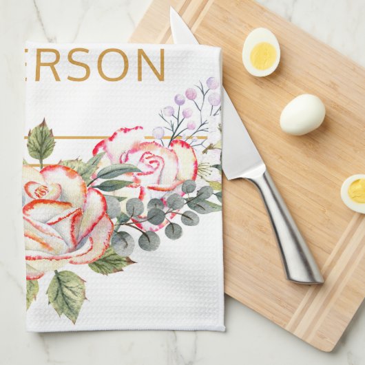 パーソナライズされたエレガント水カラーフローラガーリーシック キッチンタオル (四つ折り)