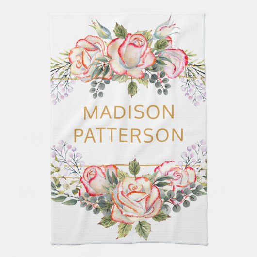 パーソナライズされたエレガント水カラーフローラガーリーシック キッチンタオル (縦)