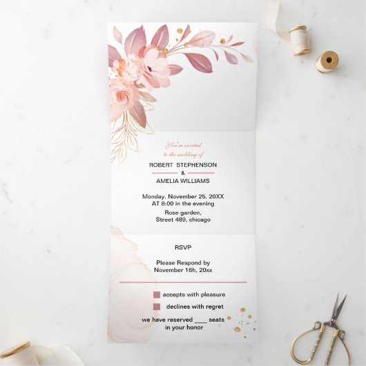 パーソナライズされたエレガント結婚のオレンの花 三つ折り招待状 (内部)