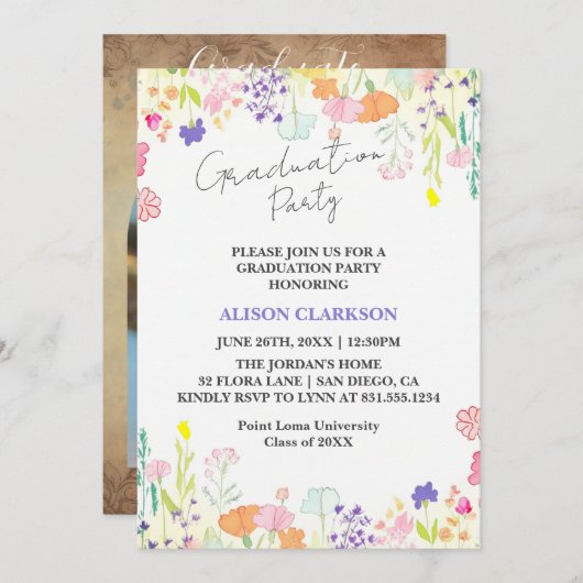 パーソナライズされたエレガント野花卒業パーティーI 招待状 (正面/裏面)
