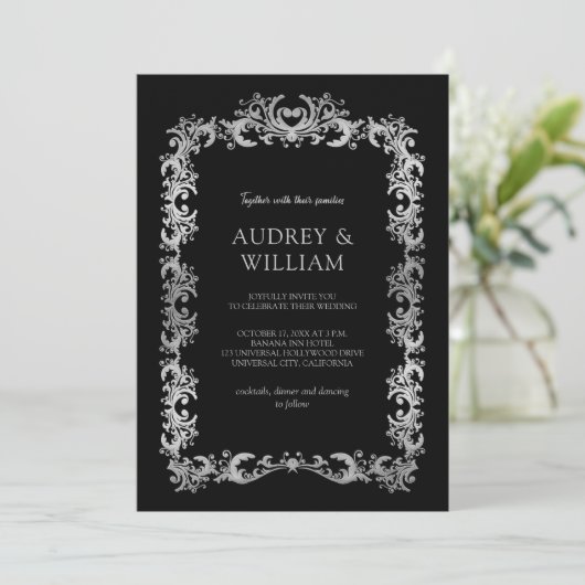 パーソナライズされたエレガント銀フローラ結婚ズ 招待状 (スタンド正面)