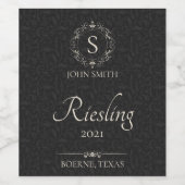 パーソナライズされたエレガント黒モノグラムの ワインラベル (シングルラベル)