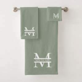 パーソナライズされたエレガントSage Green Monogram & Name バスタオルセット