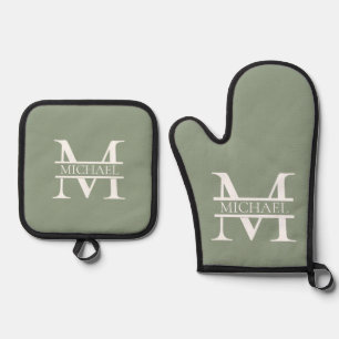 パーソナライズされたエレガントSage Green Monogram & Name 鍋つかみ&鍋敷きセット