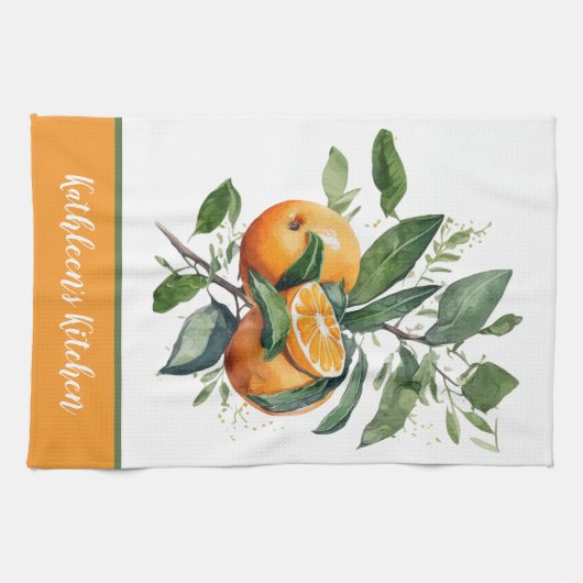 パーソナライズされたオレンジの果物とグリーン キッチンタオル (横)