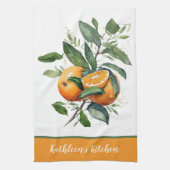 パーソナライズされたオレンジの果物とグリーン キッチンタオル (縦)